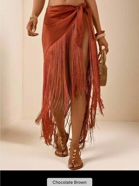 Fringe Wrap Skirt in Chocolate Brown
